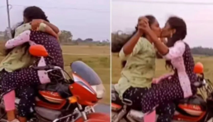 Viral Video: तेज रफ्तार बाइक पर स्टंट के दौरान लड़कियों को किस करते देख यूजर्स हैरान रह जाते हैं।