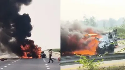 बाराबंकी : पूर्वांचल एक्सप्रेस-वे पर भीषण हादसा, दो कारों की टक्कर के बाद लगी आग; 3 की जलकर मौत, 6 घायल