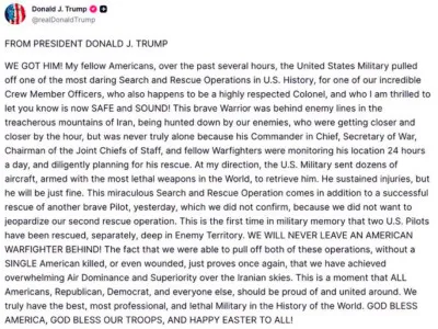 ईरान से लापता अमेरिकी क्रू मेंबर को सुरक्षित निकाला गया, ट्रंप बोले- ‘हमने ढूंढ़ निकाला’