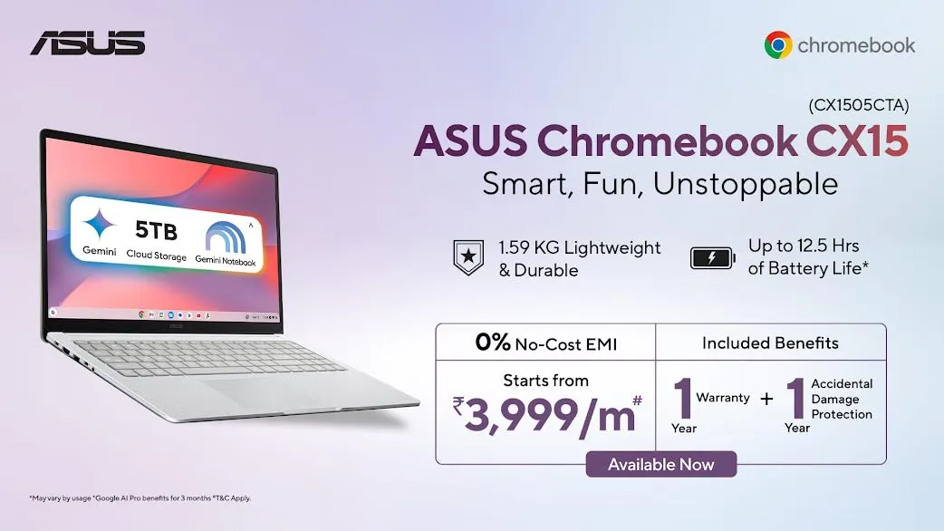 ASUS ने भारत में लॉन्च किया नया Chromebook CX15, Google AI से लैस लैपटॉप की कीमत ₹47,990