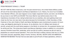 ईरान से लापता अमेरिकी क्रू मेंबर को सुरक्षित निकाला गया, ट्रंप बोले- ‘हमने ढूंढ़ निकाला’