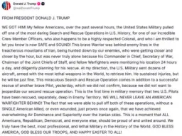 ईरान से लापता अमेरिकी क्रू मेंबर को सुरक्षित निकाला गया, ट्रंप बोले- ‘हमने ढूंढ़ निकाला’