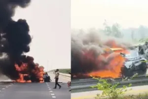 बाराबंकी : पूर्वांचल एक्सप्रेस-वे पर भीषण हादसा, दो कारों की टक्कर के बाद लगी आग; 3 की जलकर मौत, 6 घायल