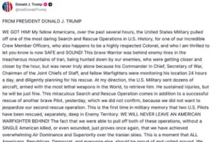 ईरान से लापता अमेरिकी क्रू मेंबर को सुरक्षित निकाला गया, ट्रंप बोले- ‘हमने ढूंढ़ निकाला’
